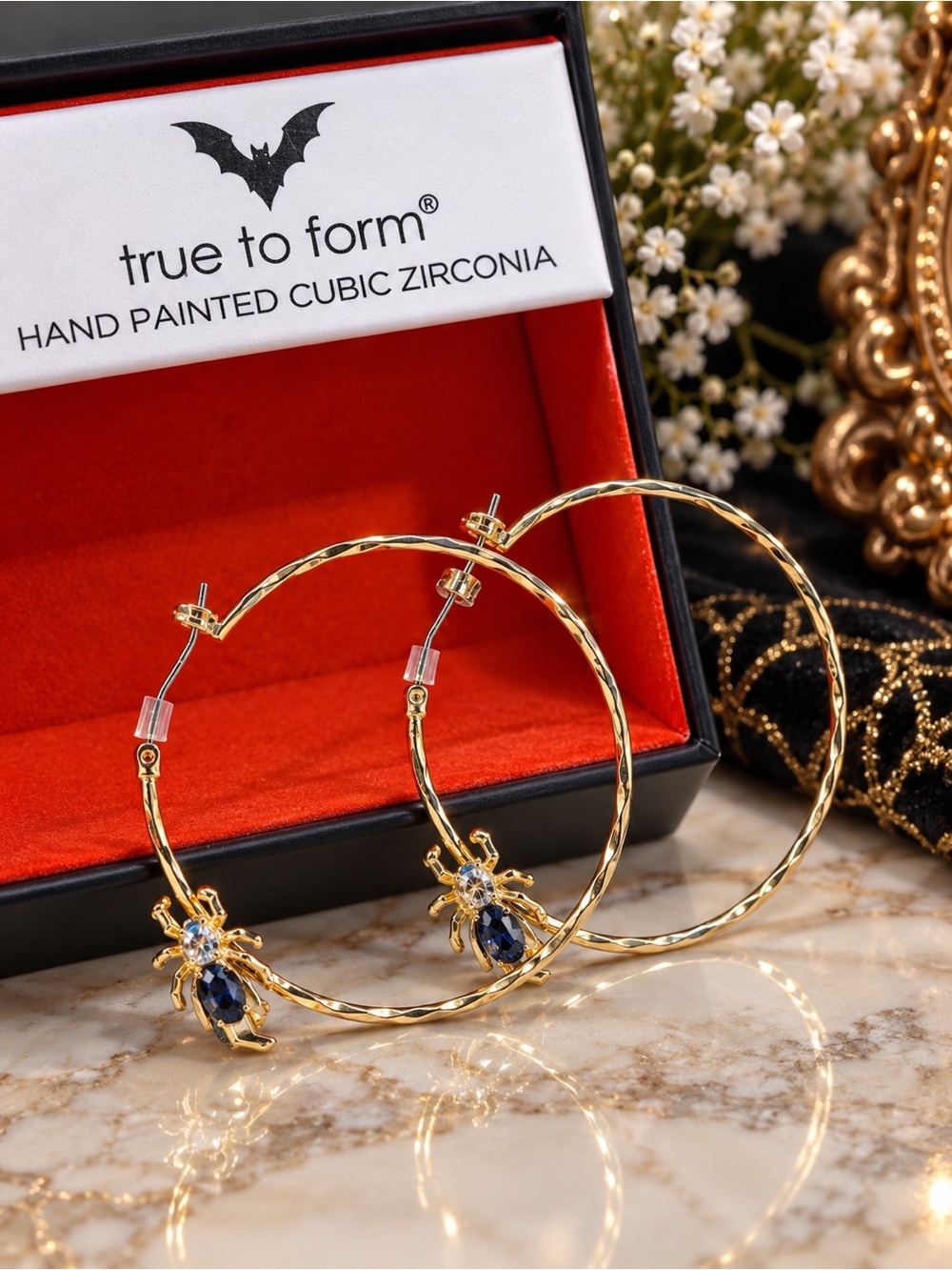 Gold Spider Hoop Earrings with BlackCubic Zirconia - Picture 2 of 5